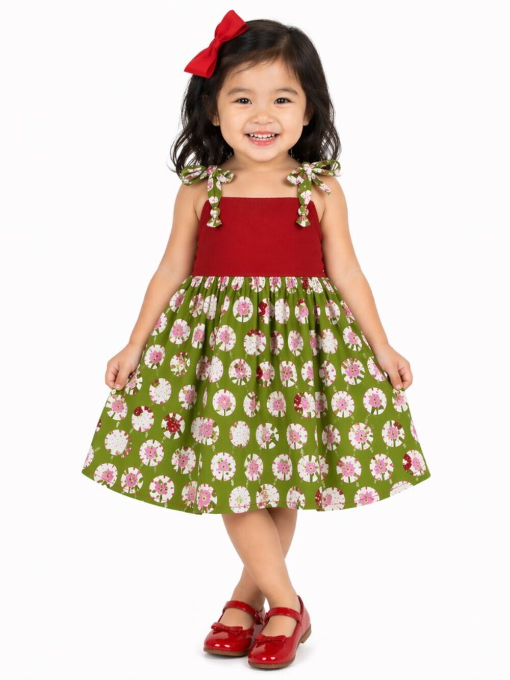Girls Knot Tie Dress Size 3T Floral Dot Toddler Red Green Sleeveless-Muchilunga-